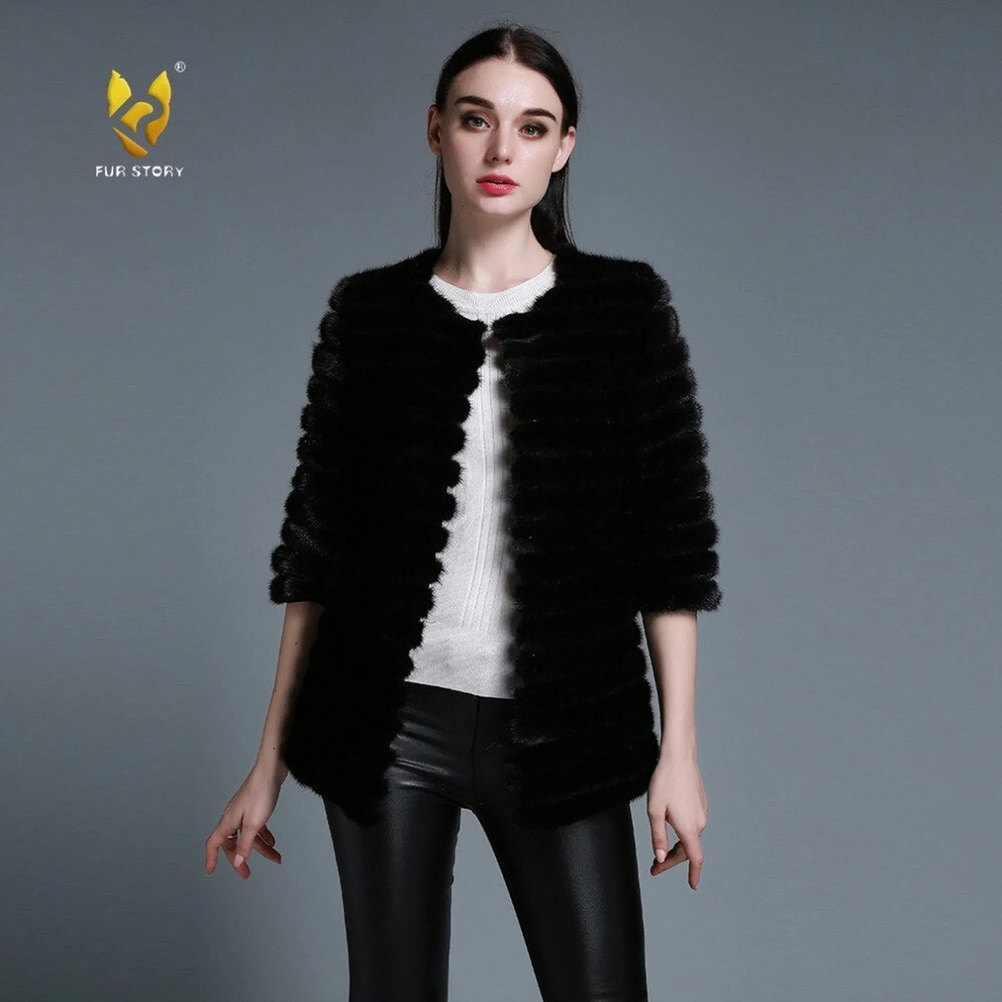 Women's Natural Mink Fur Coat Women Half Sleeve Stripes 13087