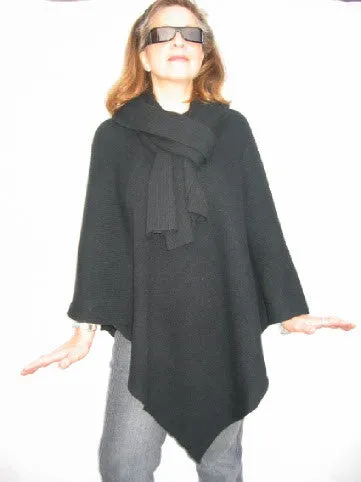 Womens Ribbed Black Cashmere Poncho