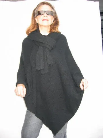 Womens Ribbed Black Cashmere Poncho