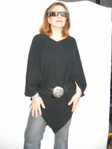 Womens Ribbed Black Cashmere Poncho